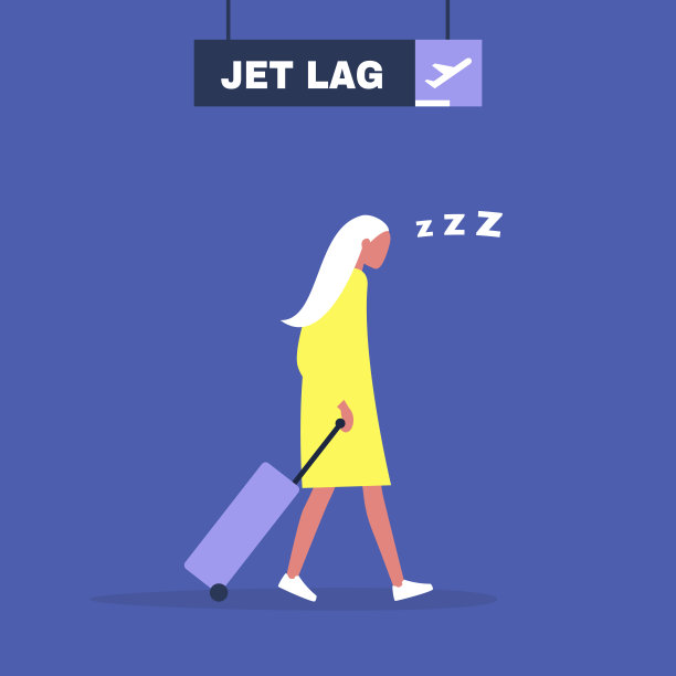 时差概念插画，杨疲惫的女性角色离开机场后的飞行图片下载
