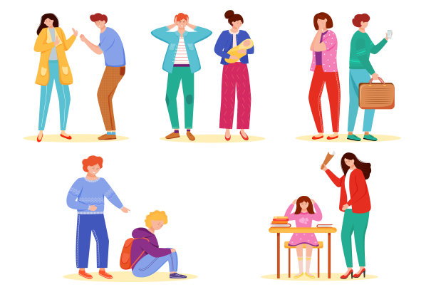 问题关系扁平矢量插图集：校园问题、青少年欺凌、婚姻冲突、争吵类型、分手情景、争论和嘲弄、不快乐的孤立卡通人物图片下载
