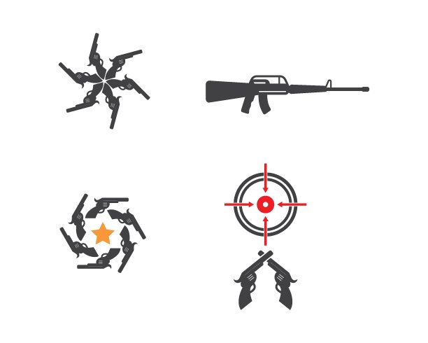 手枪，枪，手枪，和目标图标标志矢量插图图片下载