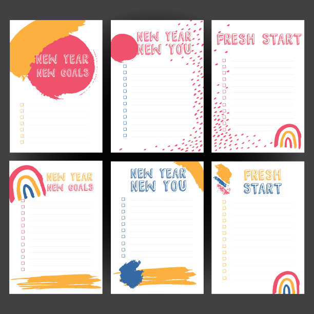 一套子弹日志清单空白(新的一年新的目标，新的一年新的你，新的开始)。彩色模板与复选框的年笔记本，日记和计划。白色的孤立的背景。图片下载