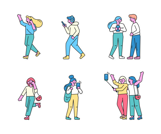 一组男性和女性的卡通人物与手机。图片下载