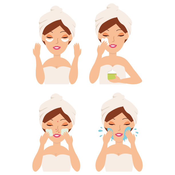 照顾好自己的脸，使用面膜。可爱的女人做护肤程序。皮肤护理，卫生和保湿的概念。平面卡通插图和图标集。三面女子在水疗过程中脸部按摩、面部按摩图片下载