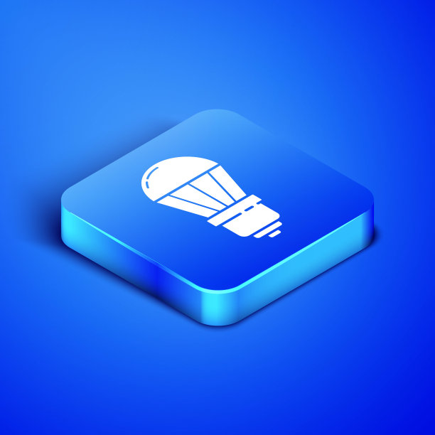 等距LED灯泡图标隔离在蓝色背景。经济型LED照明灯泡。节约能源灯。蓝色方块按钮。矢量图图片下载