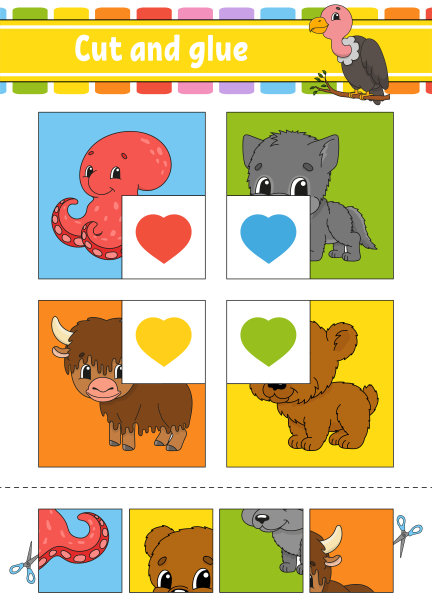 削减和胶水。四个卡片。彩色拼图。教育发展工作表。活动页面。游戏对孩子们。有趣的角色。孤立的矢量图。卡通风格。图片下载