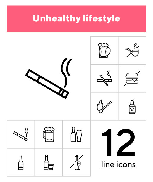 不健康的生活方式线图标设置图片下载