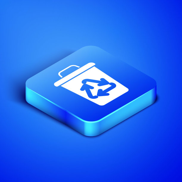 等距回收站与回收符号图标隔离在蓝色背景。垃圾桶图标。垃圾桶的迹象。回收篮的迹象。蓝色方块按钮。矢量图图片下载