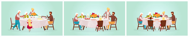 感恩节平面矢量插图集。节日的庆祝活动。一起吃节日大餐。和祖父母一起庆祝丰收。欢乐的火鸡卡通人物家庭晚餐图片下载