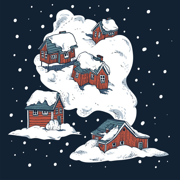 Ð圣诞插画，北欧风格的红色房子覆盖着雪图片下载