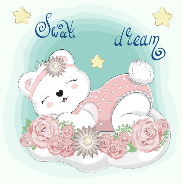 熊宝宝睡在花中的云上图片下载