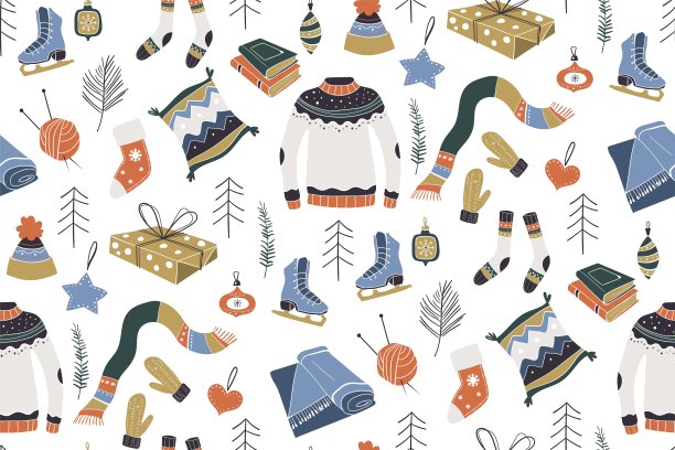 冬季模式。冬季圣诞快乐，北欧风情新年快乐。矢量插图。可印刷用于包装纸、墙纸、纺织品、织物等。图片下载