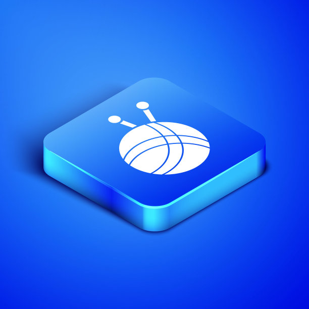 蓝色背景上孤立的针织针的等距纱线球。标签适用于手工、针织或裁缝店。蓝色方块按钮。矢量图图片下载