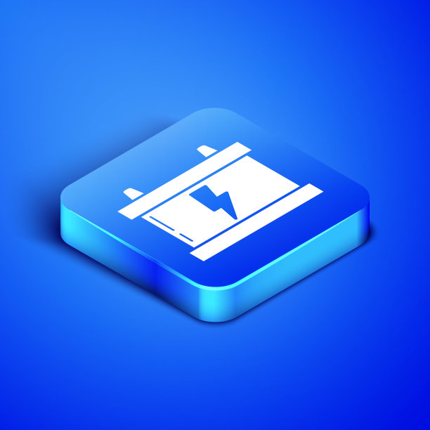 等距汽车电池图标隔离在蓝色背景。蓄能器蓄电池能量动力和电能蓄能器蓄电池。闪电。蓝色方块按钮。矢量图图片下载