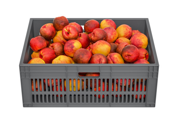 桃子在塑料板条箱，3D渲染孤立的白色背景图片下载