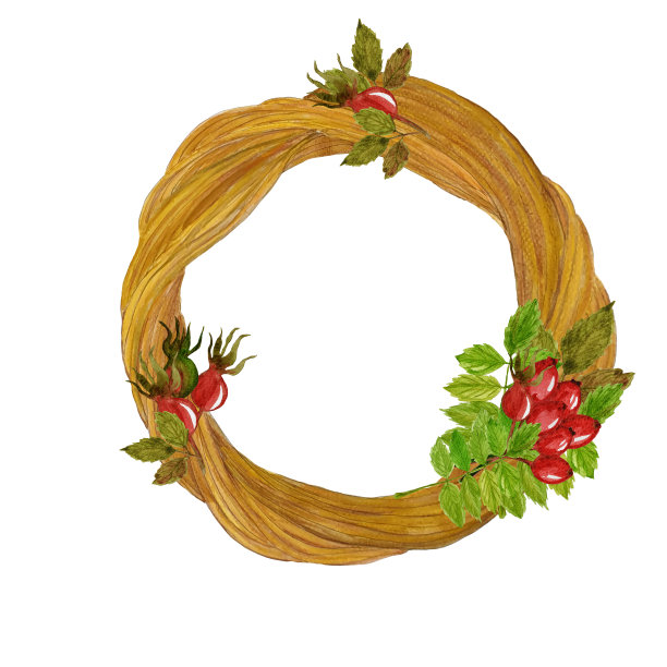 水彩花环与玫瑰髋在复古风格。用于制作请柬、标志、礼品、礼品、问候等的框架图片下载