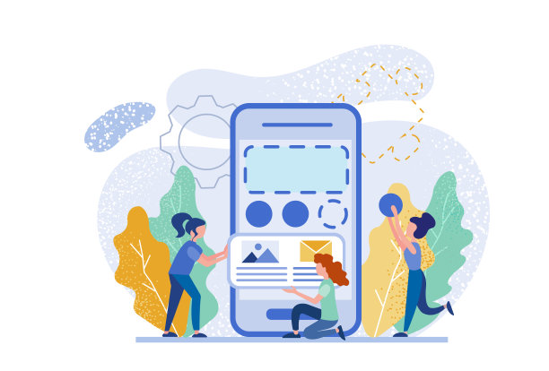 Giant Smartphone and Tiny People working around Creating a Smart Mobile App for Successful Online Business。图片下载