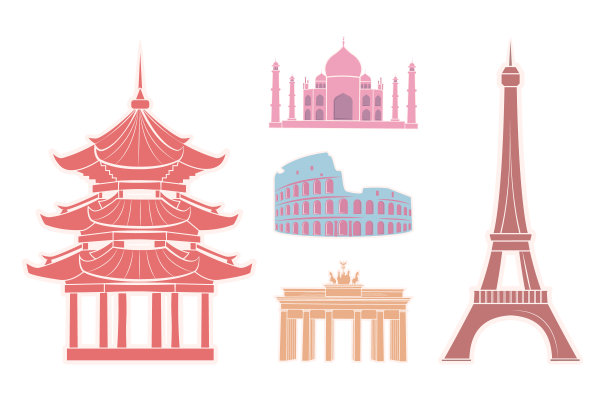 旅游贴纸上的著名景点图片下载