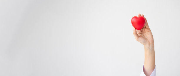 女医生手捧红心白底捐赠为医院护理理念。世界心脏日和世界卫生日，CSR社区，寄养支持患者。图片下载