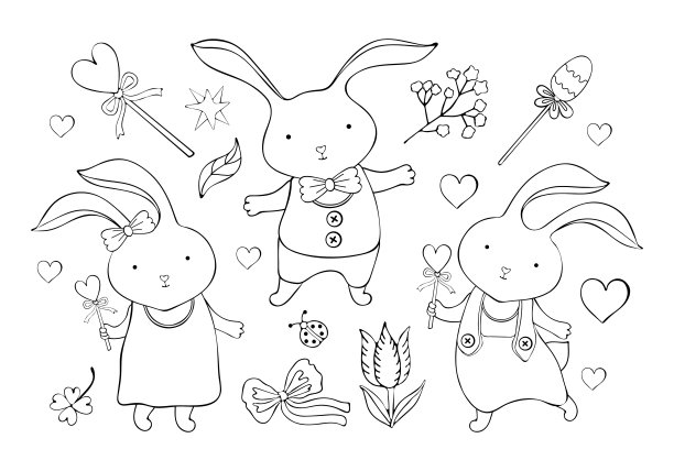 一套可爱的卡通复活节兔子和物体在矢量。小兔子男孩和女孩。复古手绘。可爱有趣的动物。黑白艺术线。孩子们的着色。孩子的动物。涂鸦图片下载