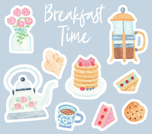 水彩可爱的茶和糖果元素-水壶，饼干，茶，蛋糕，茶壶，煎饼和其他美味的食品和饮料。茶时间和早餐时间收集。图片下载