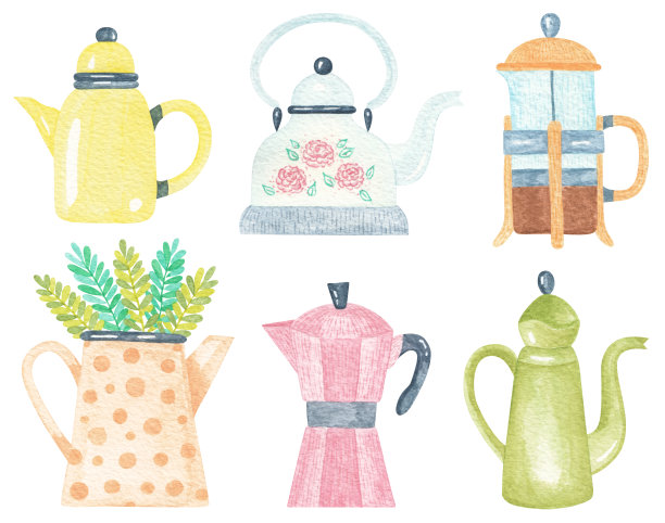 水彩茶壶套不同，茶壶造型可爱。咖啡馆和餐厅菜单。白色背景上独立的厨房设备插图。图片下载