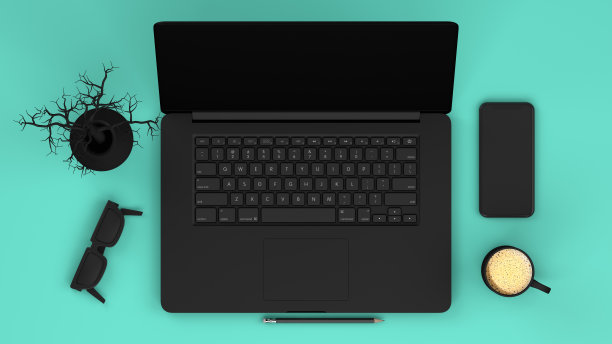 顶视图的工作场所与黑色笔记本电脑，技术理念概念图片下载