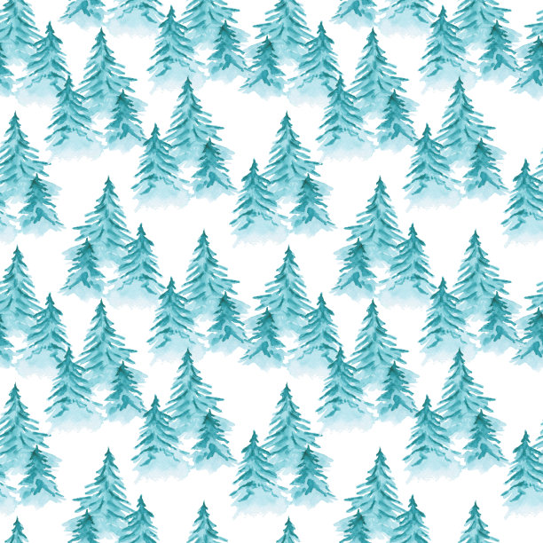 可爱的水彩图案与蓝色雪杉树图片下载