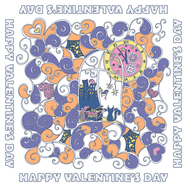 窗外，手绘插图。上面刻着“情人节快乐”。矢量图图片下载