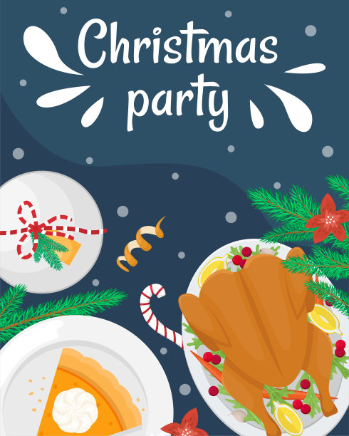 圣诞节晚餐。平铺着火鸡、蔓越莓、南瓜派、香槟、冷杉枝和礼物。圣诞晚会海报。图片下载