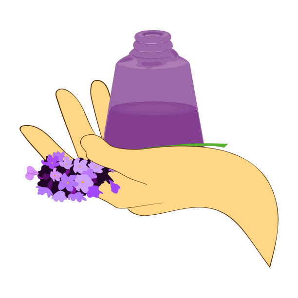 她手里拿着一瓶精油。花是蓝色的。在白色背景上。向量。图片下载