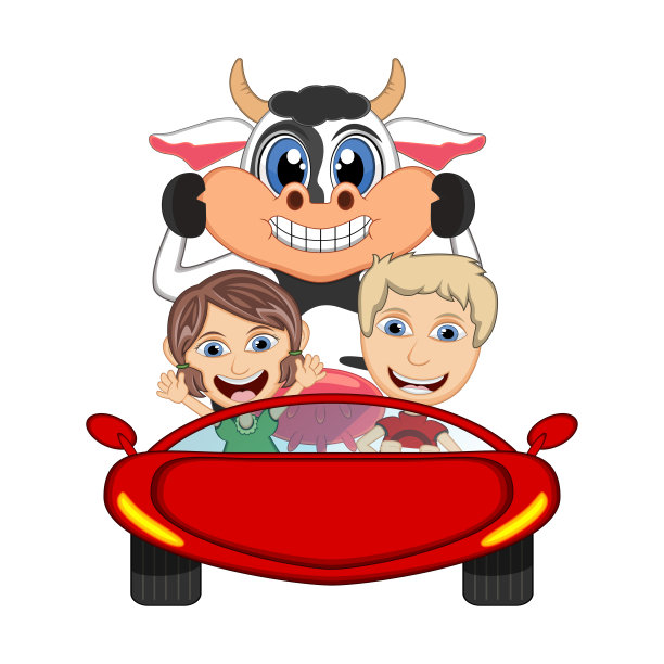 儿童驾驶汽车与牛卡通矢量插图图片下载