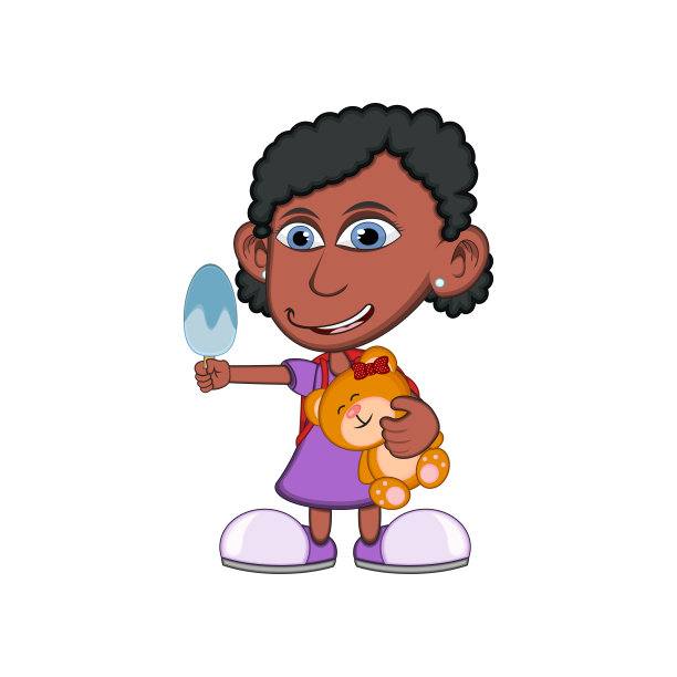 小女孩抱着一只泰迪熊，吃着冰淇淋卡通矢量插图图片下载