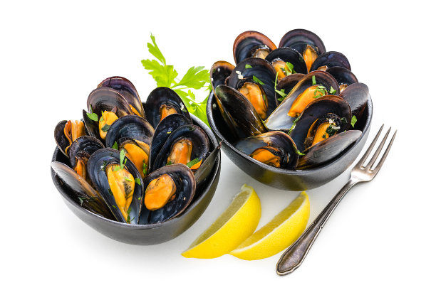 白色背景上孤立的蒸贻贝。本空间图片下载