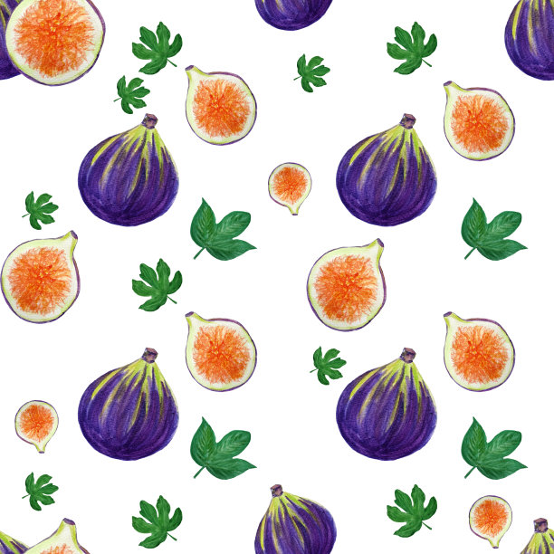 水彩无缝图案与无花果和树叶。完美的包装纸，食物背景图片下载