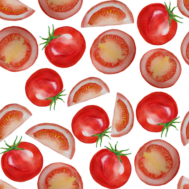 无缝图案水彩红色成熟西红柿，整个和切片。图片下载