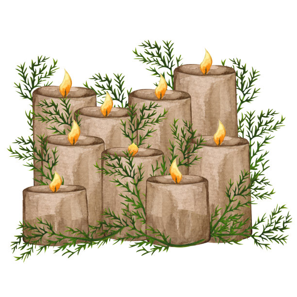 圣诞装饰的蜡烛和冬天的树。水彩圣诞组成。水彩画蜡烛装饰套装。手绘冬季插图。图片下载