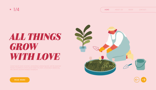 女人享受植物园艺爱好网站登陆页。园丁或花商工作在植物园或家庭后院浇水种植花卉网页横幅。卡通平面矢量插图图片下载