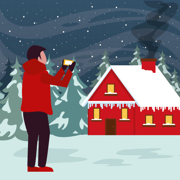 圣诞雪景与小男孩合影图片下载