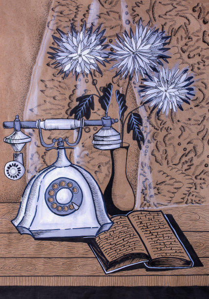 孩子们的静物画，里面有一瓶花，一部旧电话和一本书图片下载