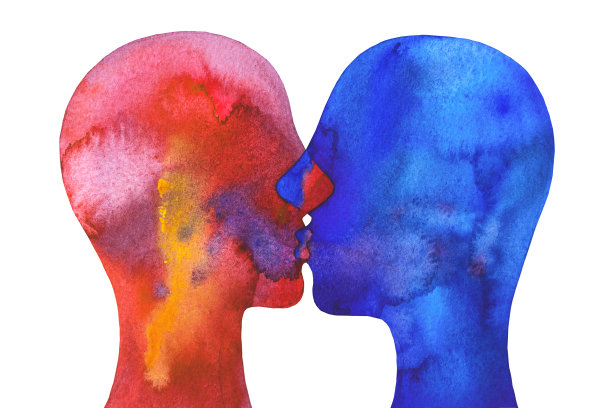 水彩画中两个人在白色的背景上互相亲吻图片下载