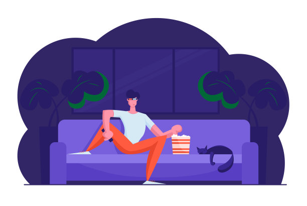 戴着3d眼镜的年轻人坐在沙发上，客厅里睡着猫，看电视里的电影或体育节目，吃着爆米花。周末晚上家庭影院娱乐。卡通平面矢量插图图片下载