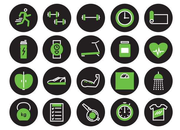绿色和白色的健身和运动图标设置在黑色圆圈孤立的白色背景图片下载