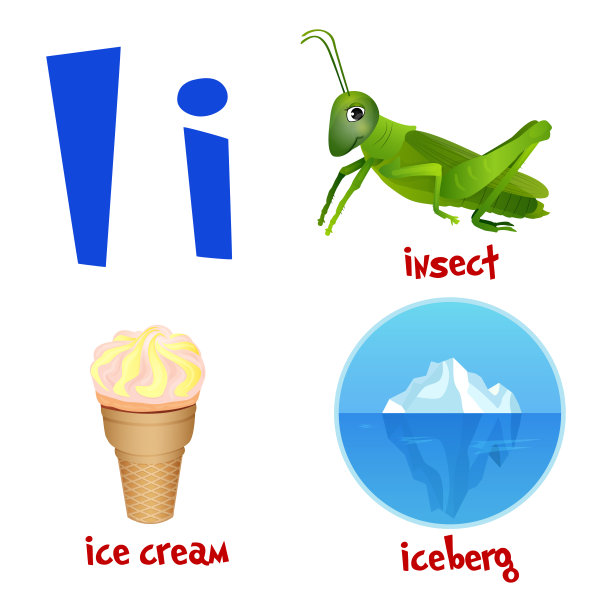 向量可爱的孩子卡通字母。字母I与昆虫，冰淇淋和冰山。平的风格。矢量插图。图片下载