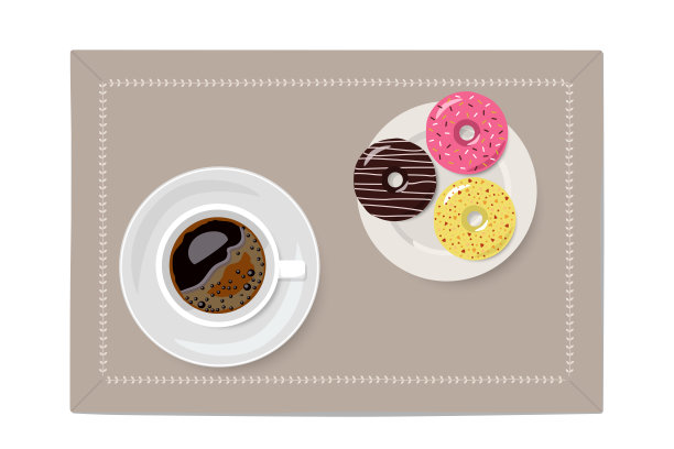 亚麻餐巾上放着甜甜圈和咖啡杯。图片下载