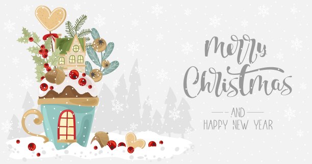 祝福圣诞快乐与节日杯，树枝和糖果。矢量插图。寒假贺卡 书法和手绘设计元素。图片下载