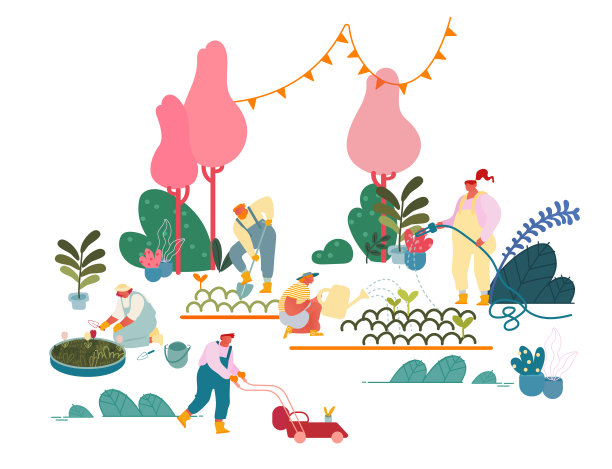 男性和女性农民或园丁种植和照顾树木和植物。快乐人物在夏季花园浇水，挖土养花，园艺卡通平面矢量插图图片下载