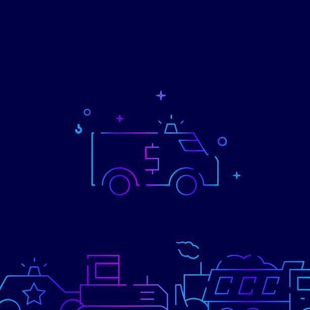 金钱运输卡车矢量梯度线图标，插图在深蓝色的背景。相关的底部边界图片下载