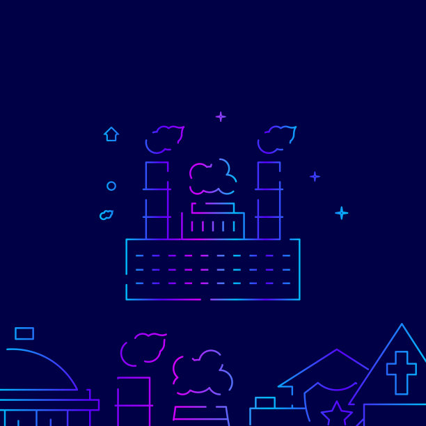 植物，工厂向量梯度线图标，插图在深蓝色的背景。相关的底部边界图片下载