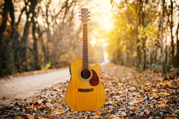吉他在前景。背景是秋天的公园。图片下载