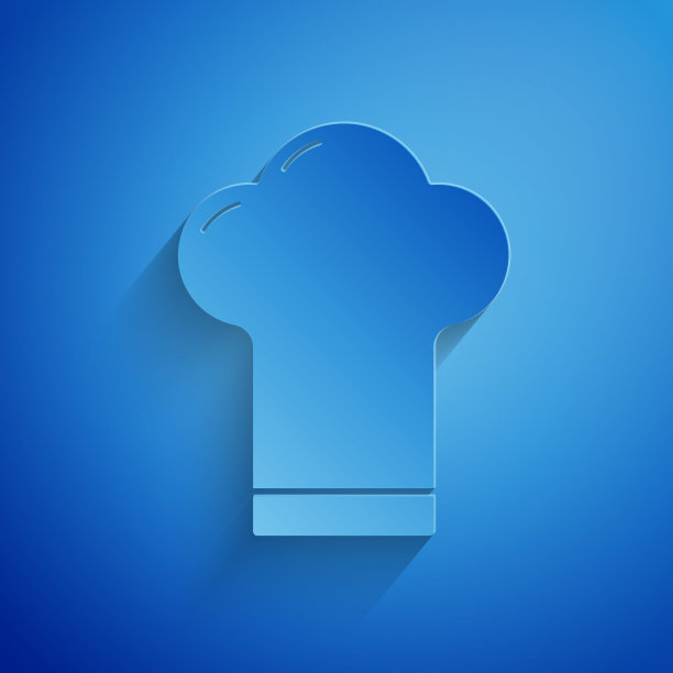 剪纸厨师帽图标孤立在蓝色背景。烹饪的象征。厨师的帽子。纸艺术风格。矢量图图片下载
