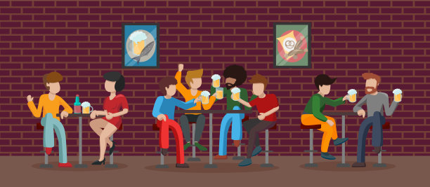 酒吧室内的建筑与棕色砖墙。字符喝啤酒。三个表。两对人正坐在一张桌子旁的高脚凳上。四位朋友举杯祝酒。向量图片下载